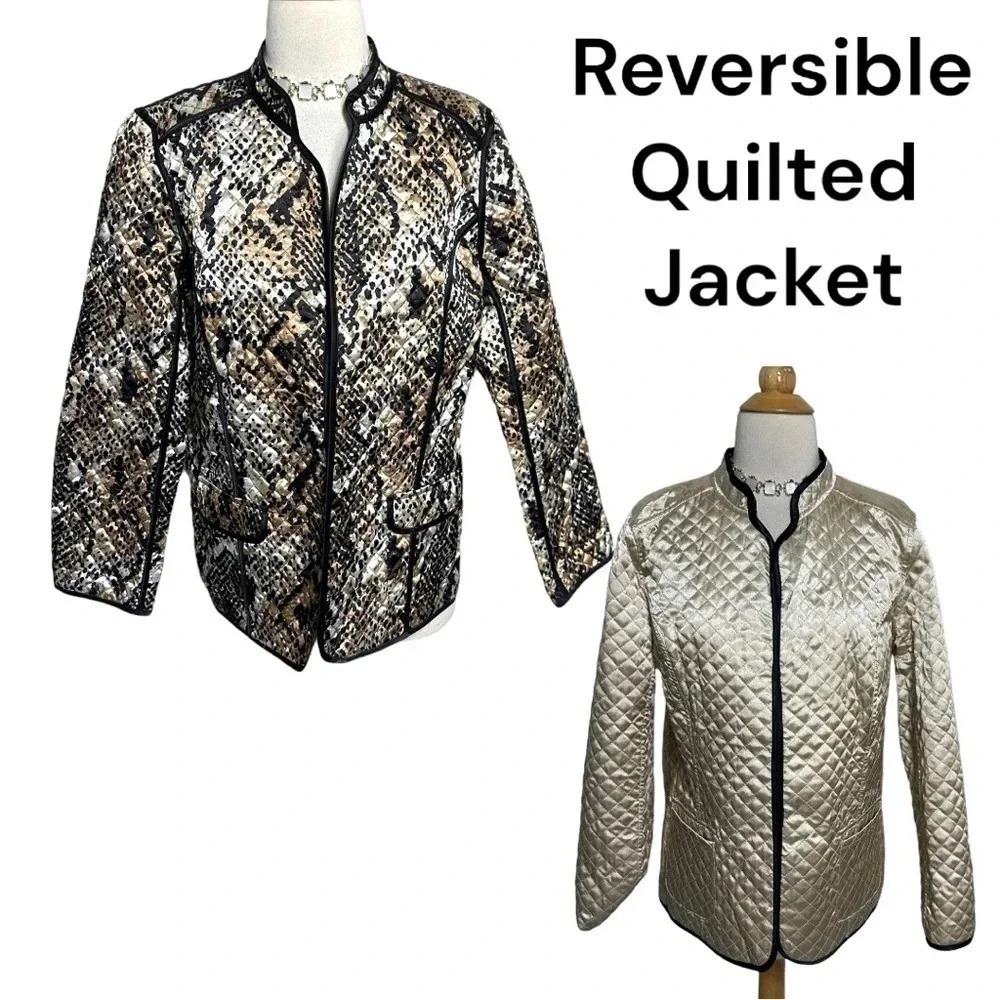 JM Collection 12P animal print & cream quilted reversible jacket with pockets